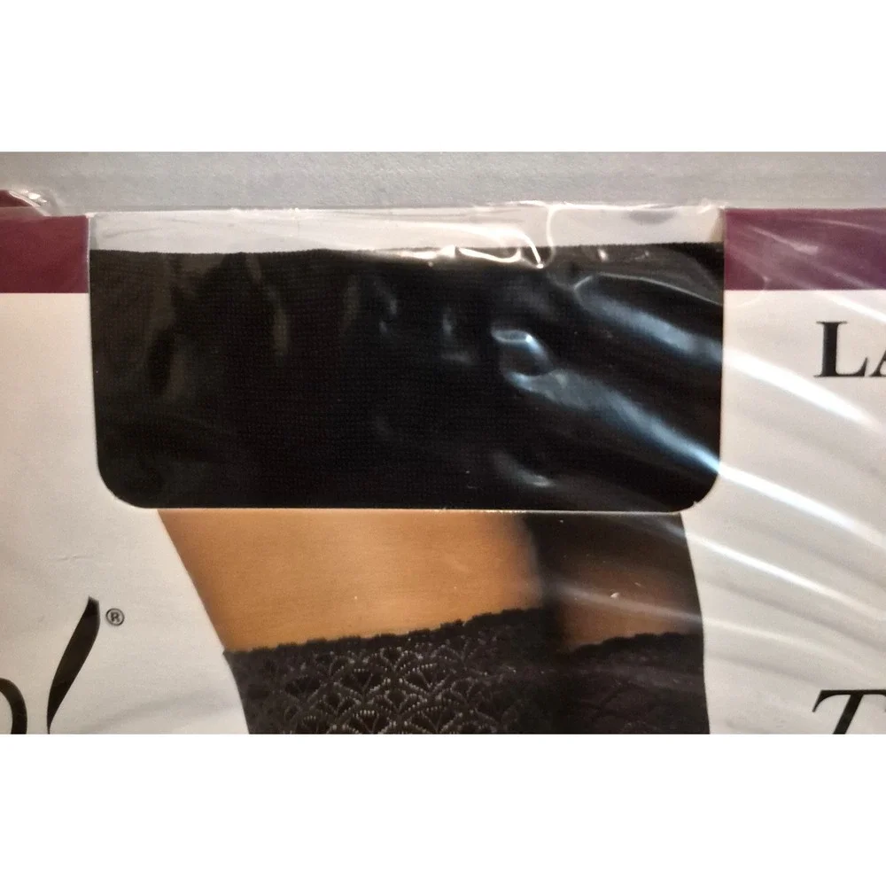 On The Go! Silky Sheer Thigh High Stockings Black Stay Up Lace Top 2 Pairs Sz M